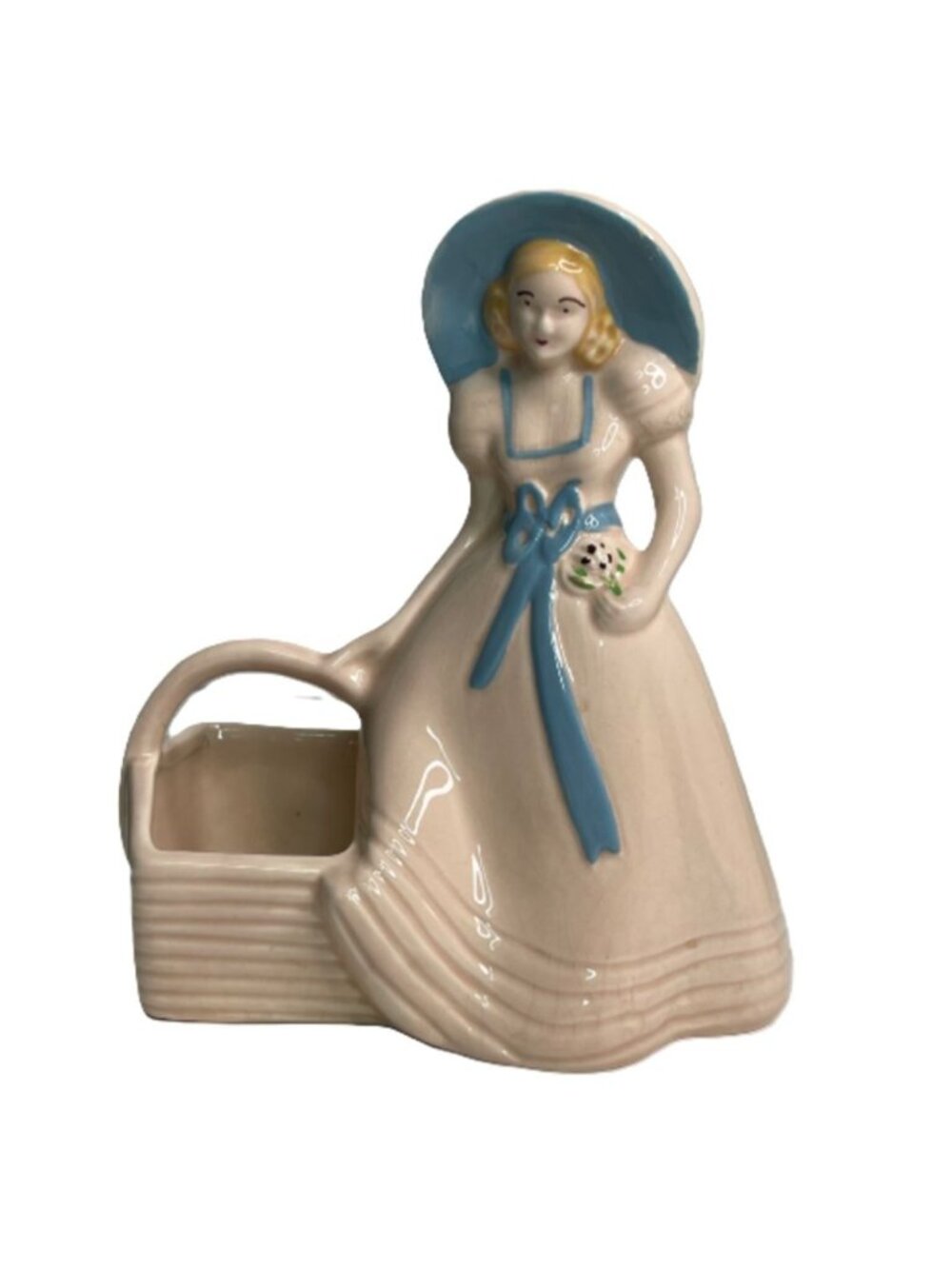 Vintage 1940s Hull Art Pottery Blue Bonnet Girl Planter Basket 954 USA Pink 8.5"